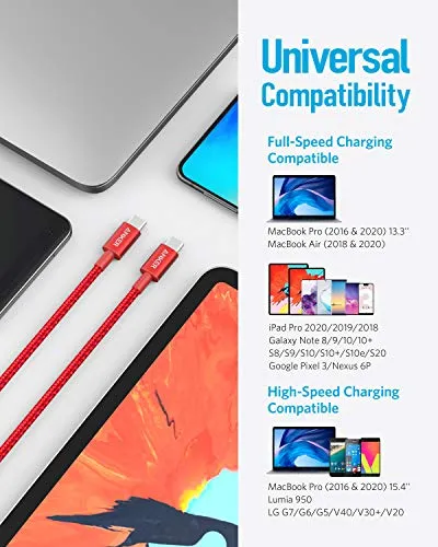 USB C Cable, Anker 2 Pack New Nylon USB C to USB C Cable (6ft 60W), PD Type C Charging Cable for MacBook Pro 2020, iPad Pro, iPad Air 4, Galaxy S20, Switch, Pixel, LG and Other USB C Charger(Red)