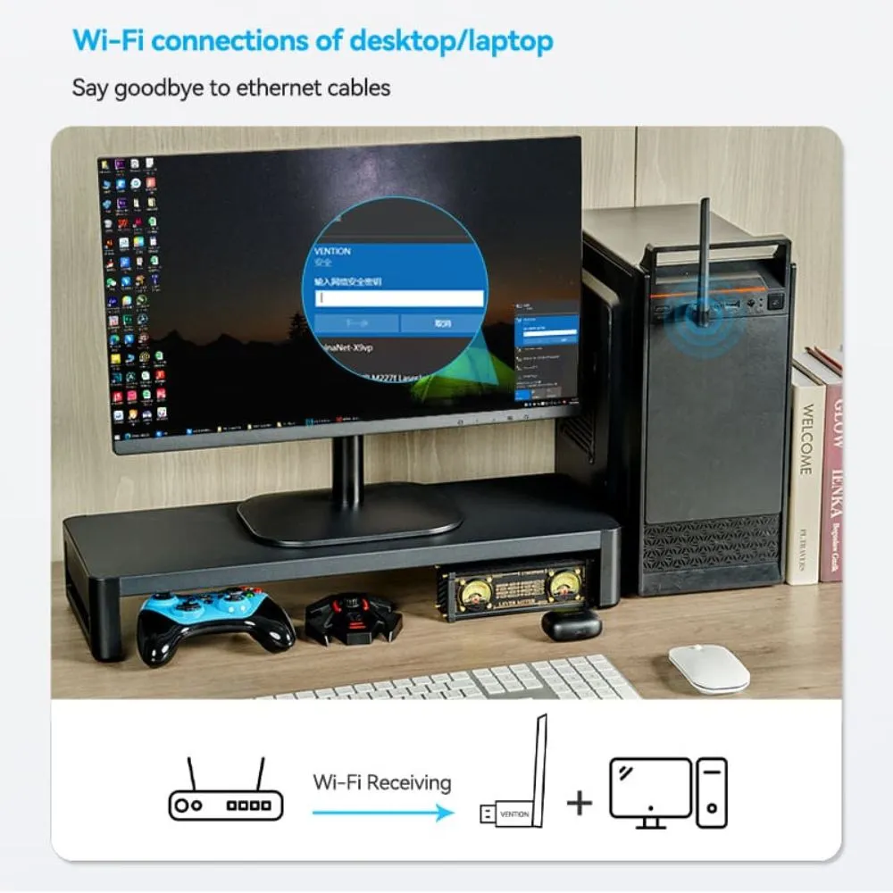 Vention AC650 High Speed 2.4Ghz Dual Band USB Network/Bluetooth Adapter Dongle with 650Mbps 5GHz Bandwidth, 6dBi High Gain Antenna