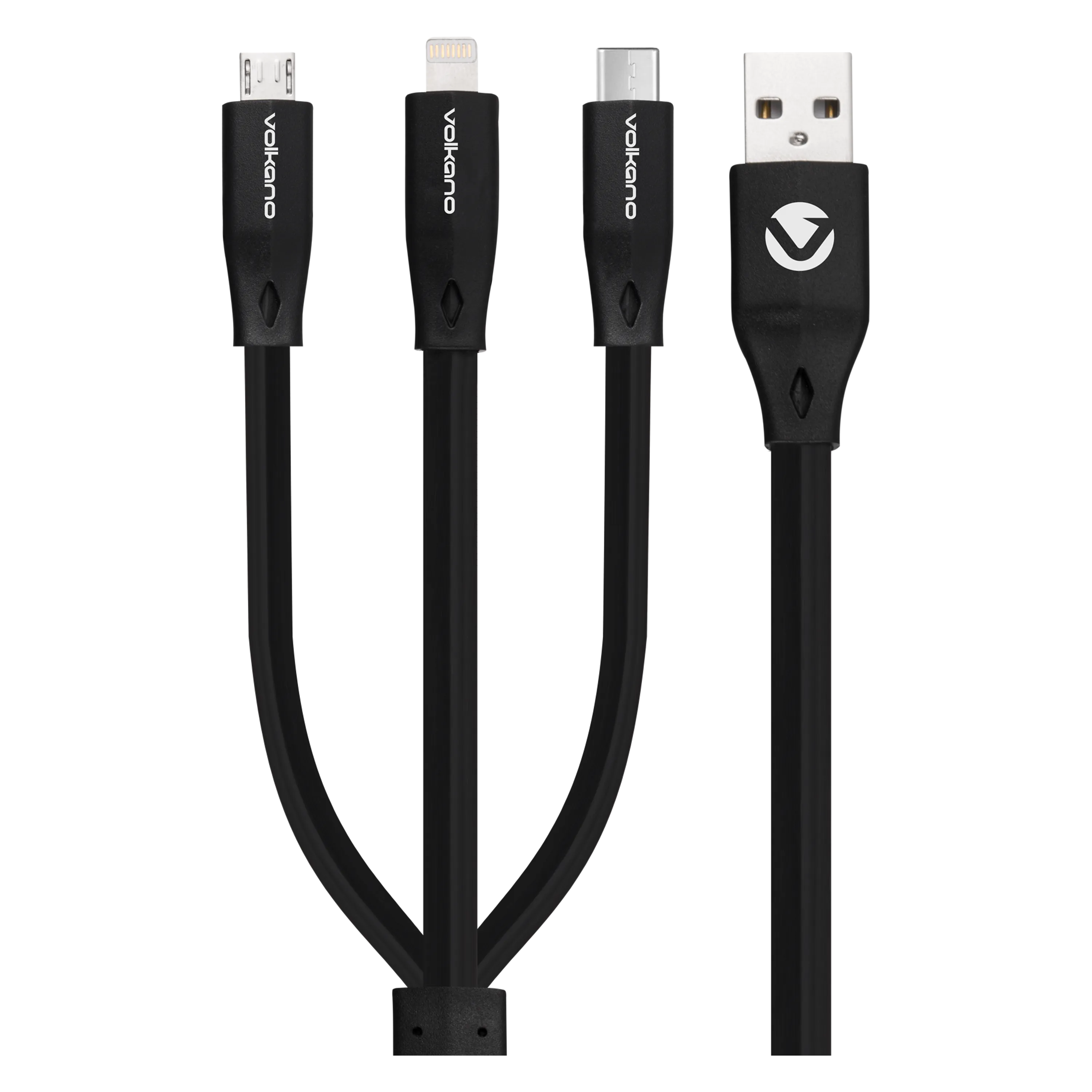 Volkano Slim Series Flat PVC 3 in 1 (Type-C / Lightning / Micro) Cable 1m - Black