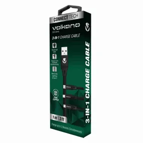 Volkano Slim Series Flat PVC 3 in 1 (Type-C / Lightning / Micro) Cable 1m - Black