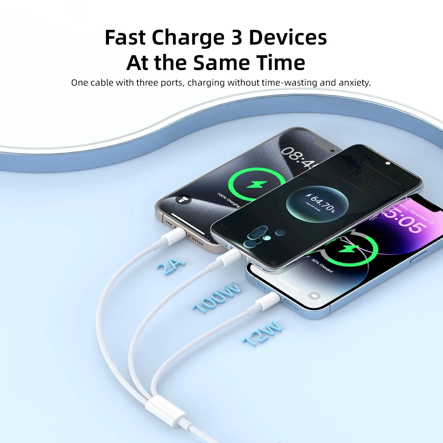 Vyvylabs Prime Series 3 in1 Fast Charging Cable USB to 2C L 100W 1.5M White