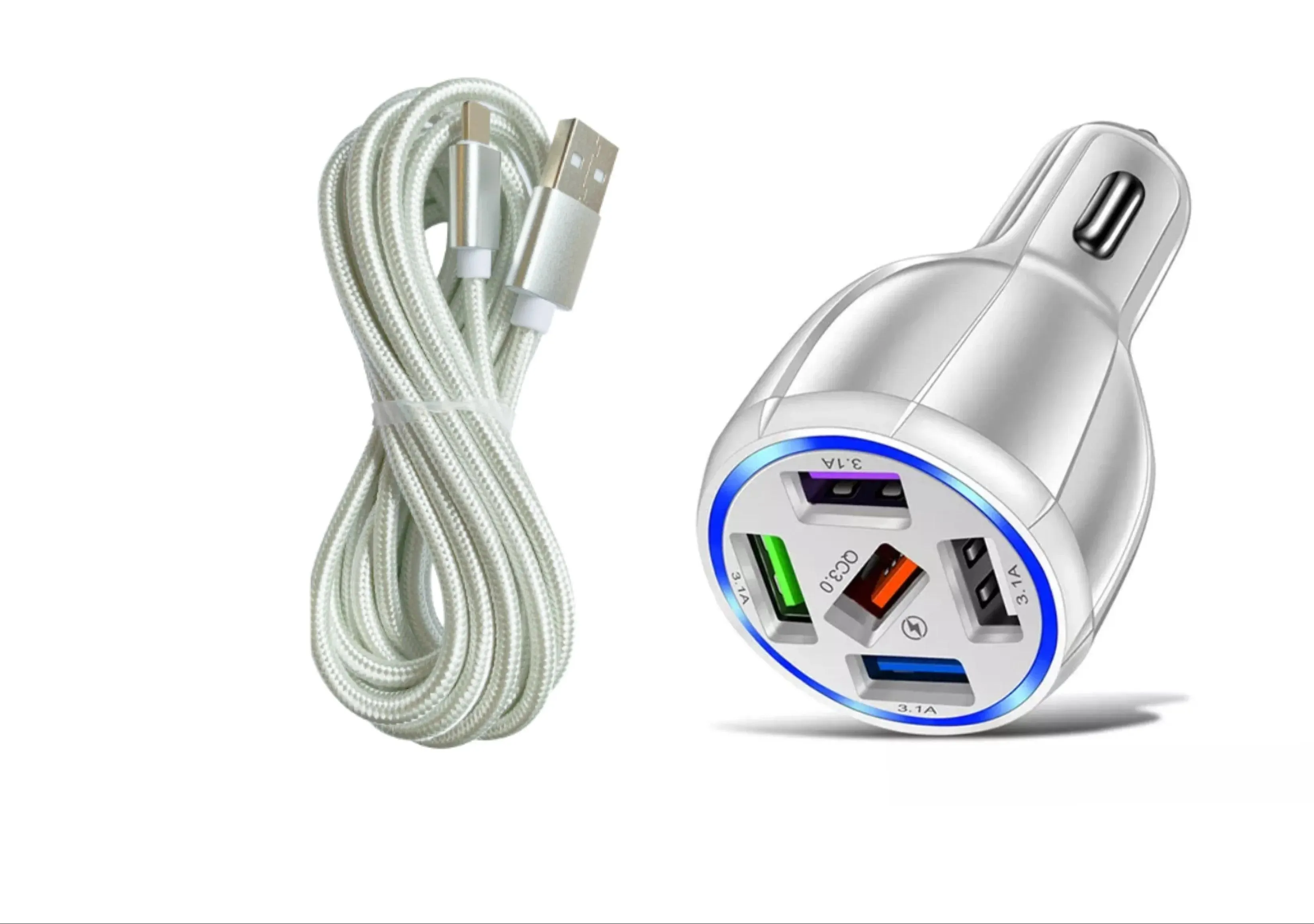 White 5-Port USB Fast Car Charger with LED, 10FT iPhone Cable - Quick Charge 3.0