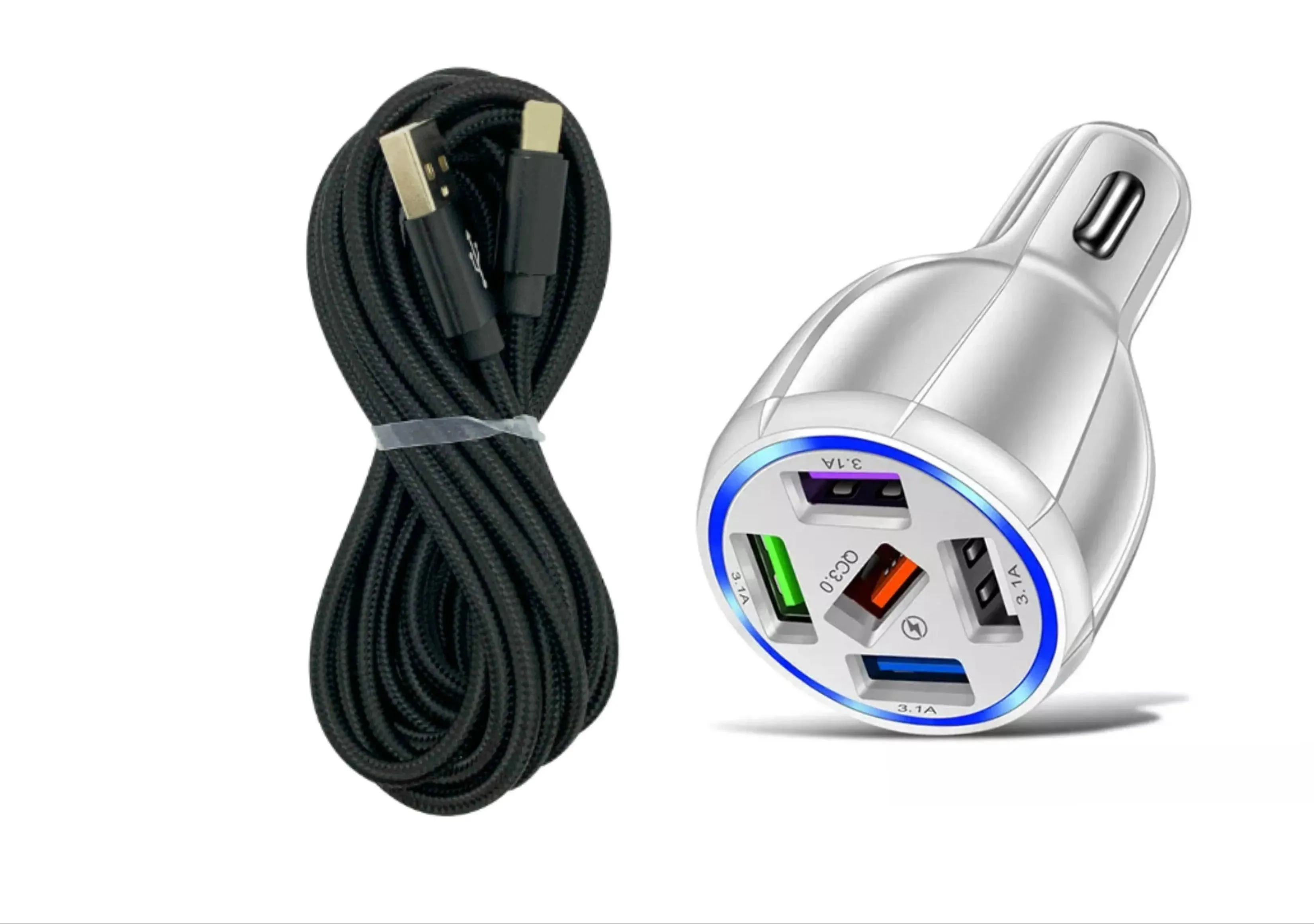 White 5-Port USB Fast Car Charger with LED, 10FT iPhone Cable - Quick Charge 3.0