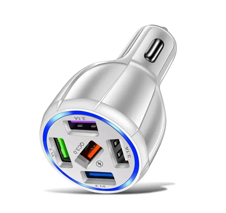 White 5-Port USB Fast Car Charger with LED, 10FT iPhone Cable - Quick Charge 3.0