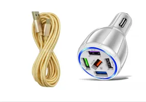 White 5-Port USB Fast Car Charger with LED, 10FT iPhone Cable - Quick Charge 3.0