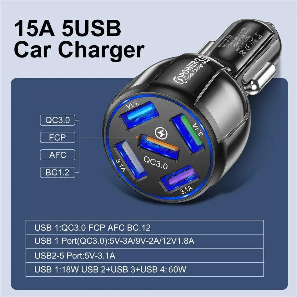 White 5-Port USB Fast Car Charger with LED, 10FT iPhone Cable - Quick Charge 3.0