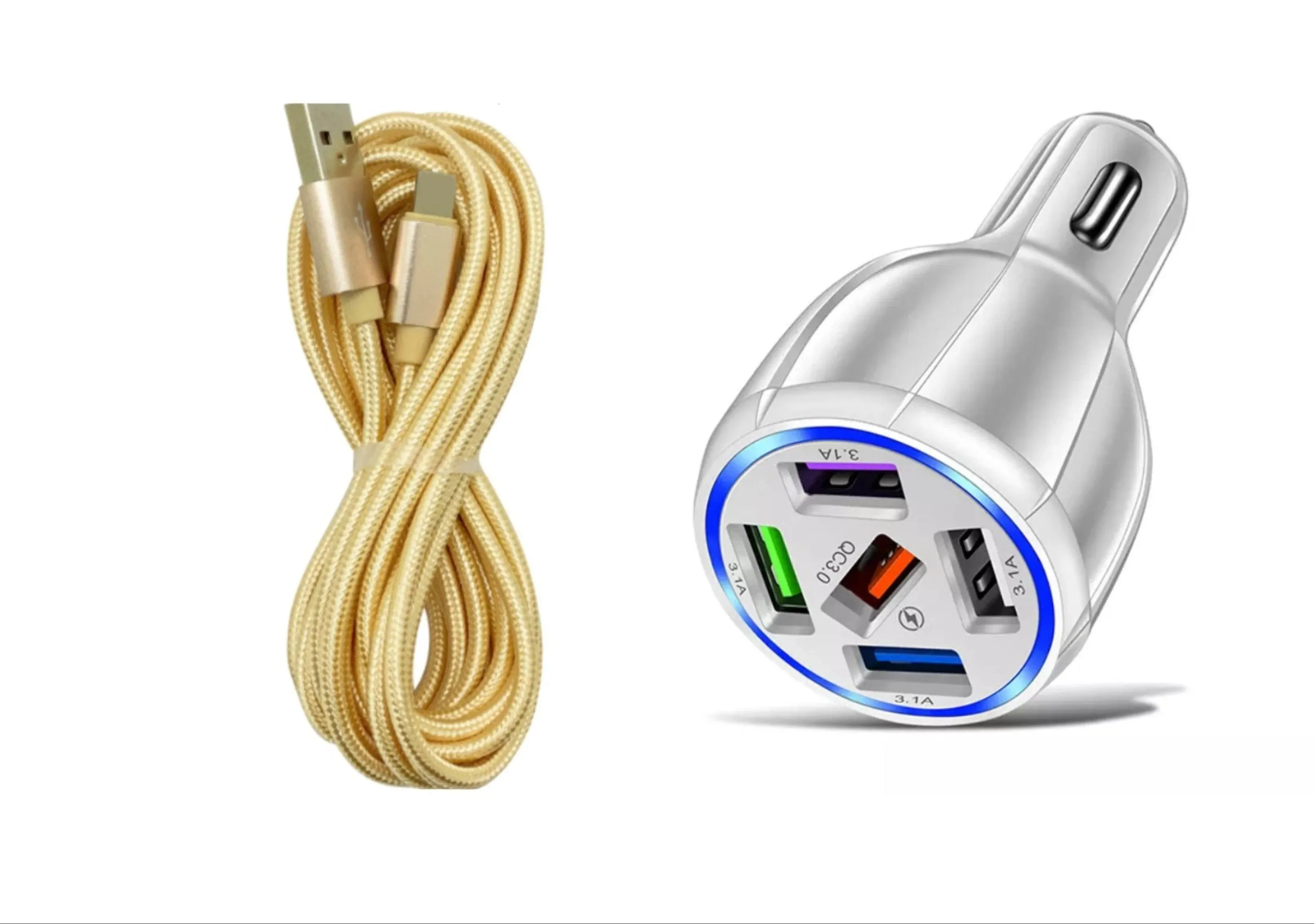 White 5-Port USB Fast Car Charger with LED, 10FT iPhone Cable - Quick Charge 3.0