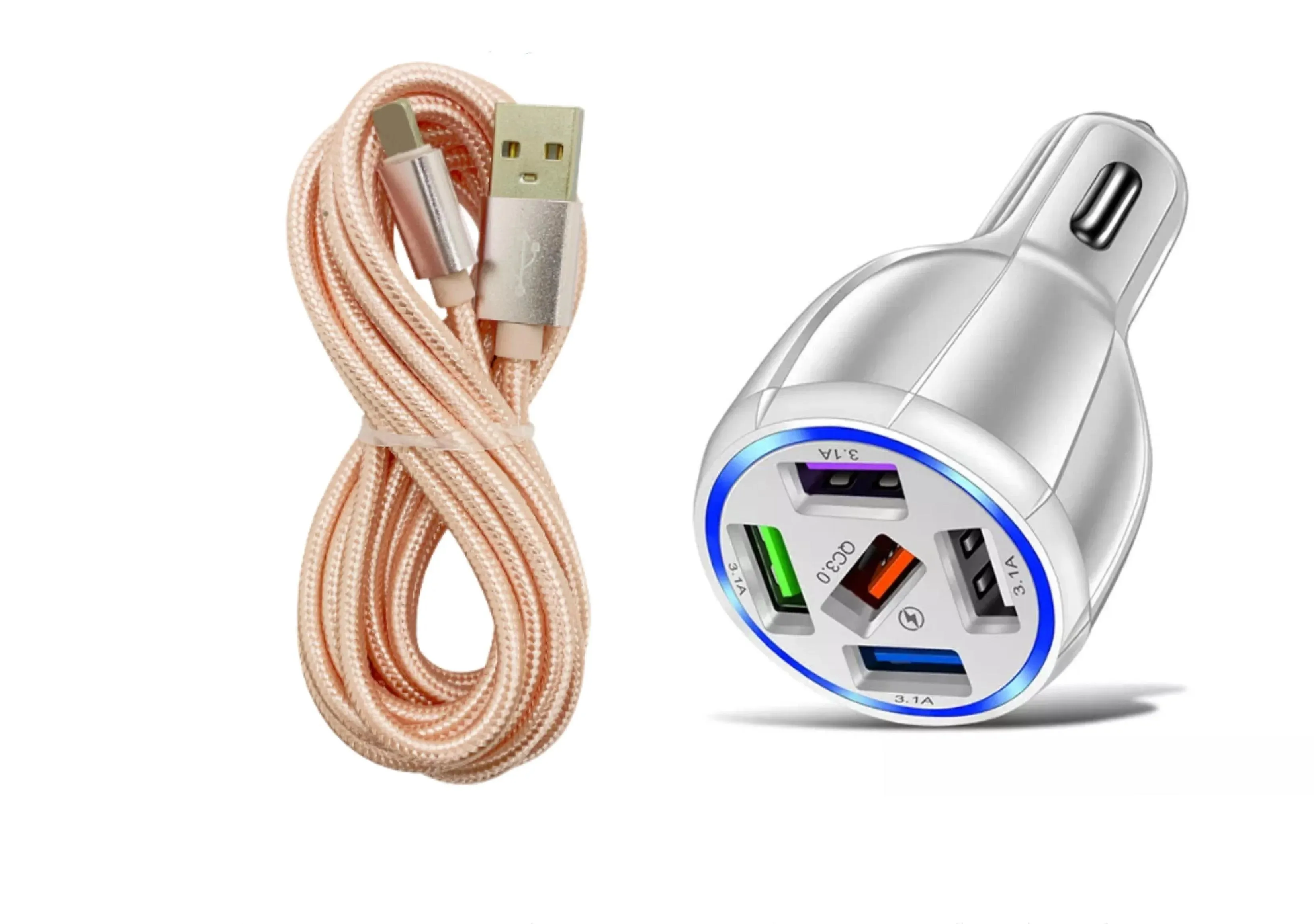 White 5-Port USB Fast Car Charger with LED, 10FT iPhone Cable - Quick Charge 3.0