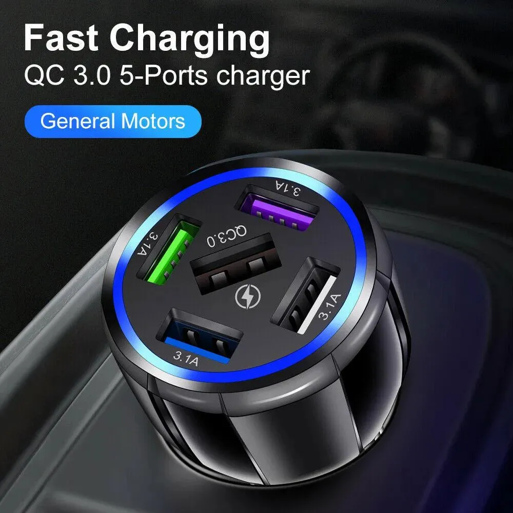 White 5-Port USB Fast Car Charger with LED, 10FT iPhone Cable - Quick Charge 3.0