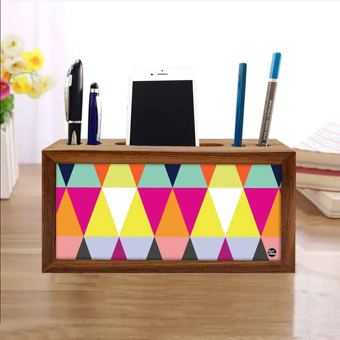 Wooden desk organizer Pen Mobile Stand - Colorful Angles