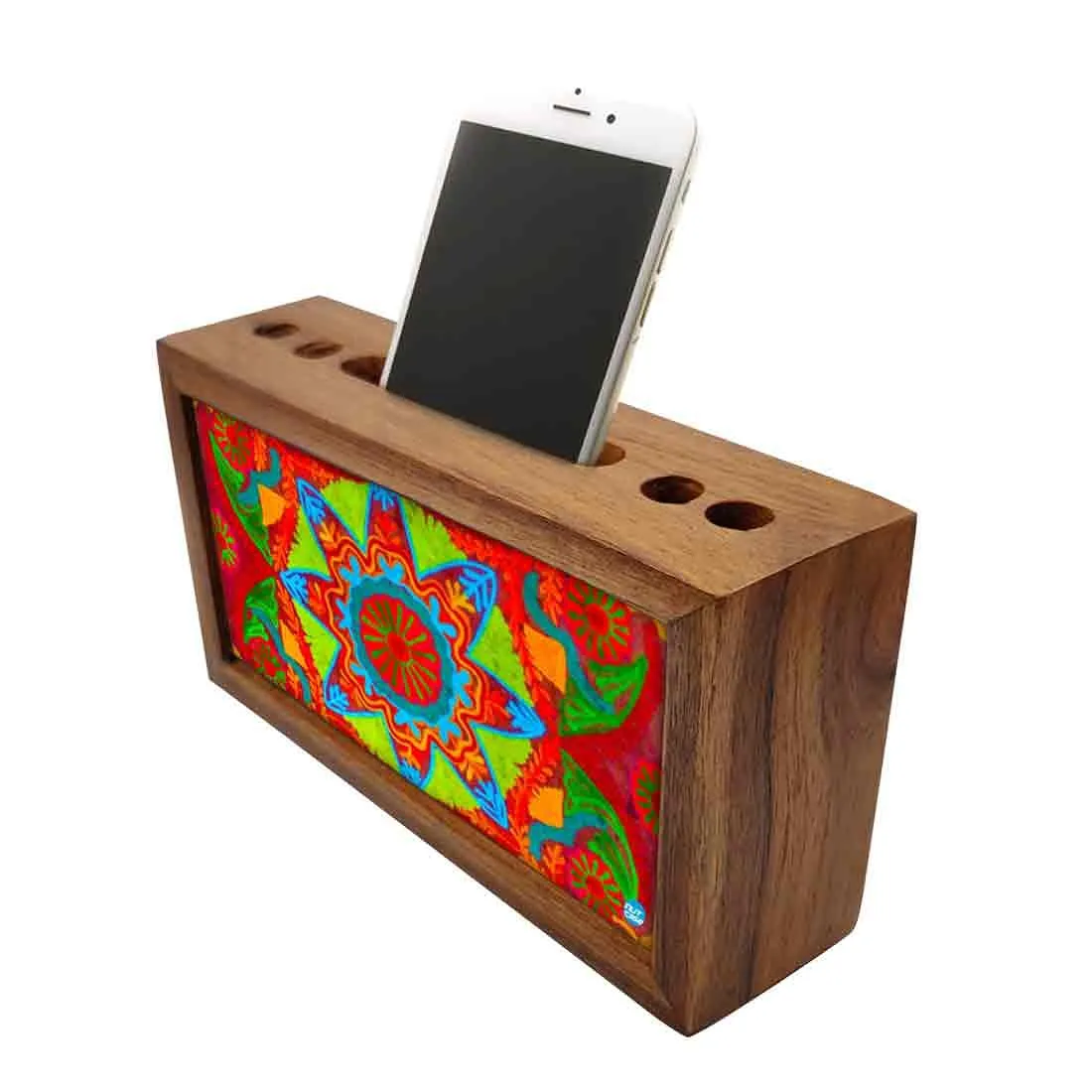 Wooden Table Organizer Pen Stand With Phone Stand for Office - Indian Fabric