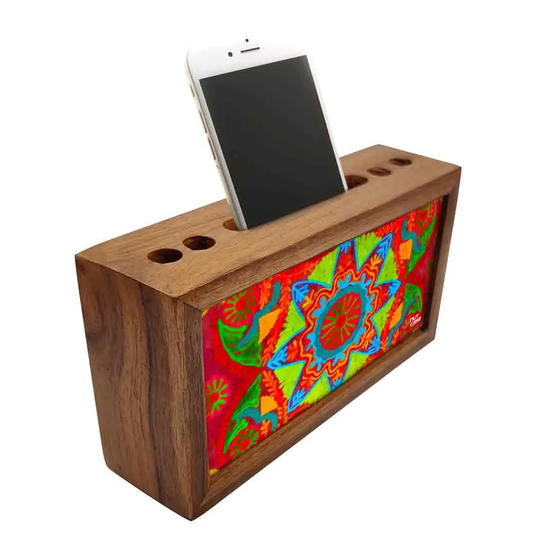 Wooden Table Organizer Pen Stand With Phone Stand for Office - Indian Fabric