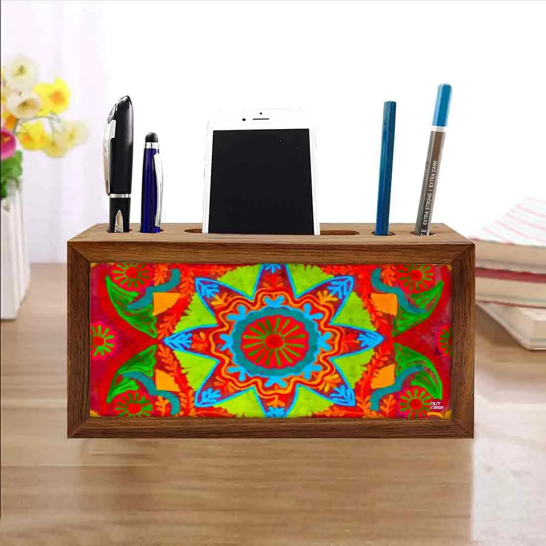 Wooden Table Organizer Pen Stand With Phone Stand for Office - Indian Fabric